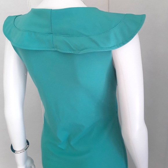 GREEN V-NECK RUFFLED COLLAR SIDE RUCHED DRESS SZ 12 - Picture 6 of 8